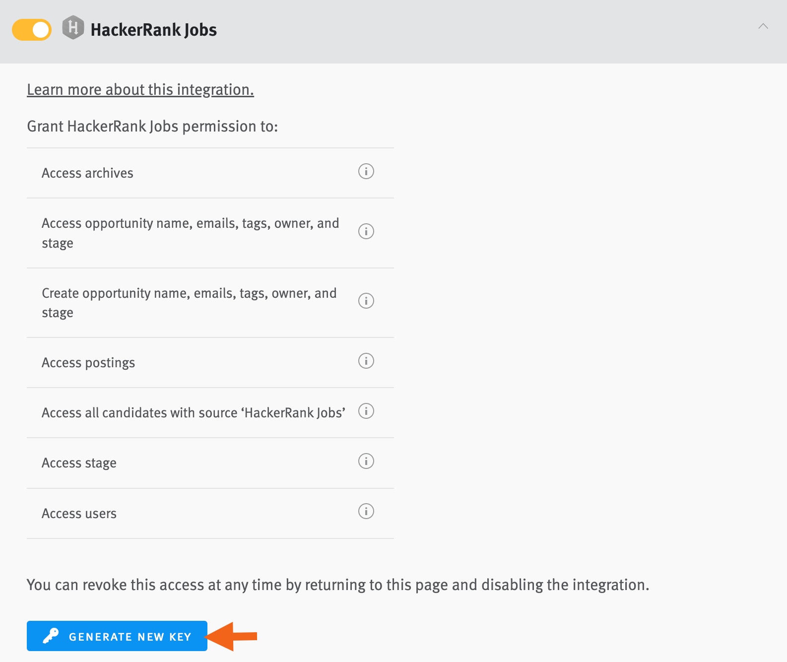 Lever settings page showing hackerrank section with arrow pointing to generate new key button