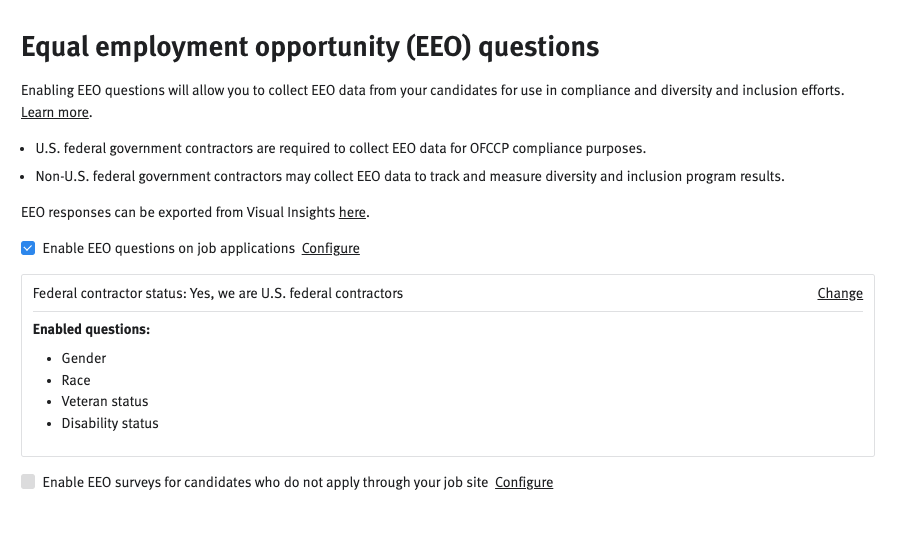 EEO question configuration interface in Lever