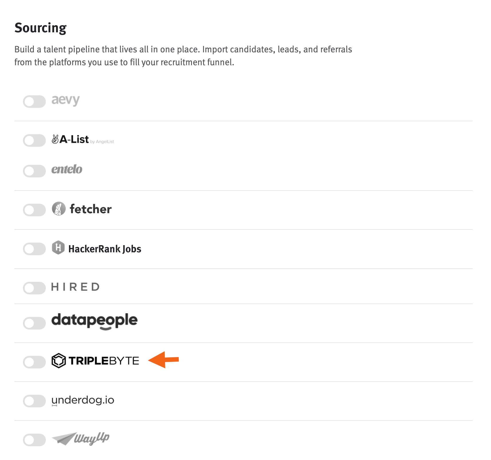 Lever settings with arrow pointing to toggle next to triplebyte listing
