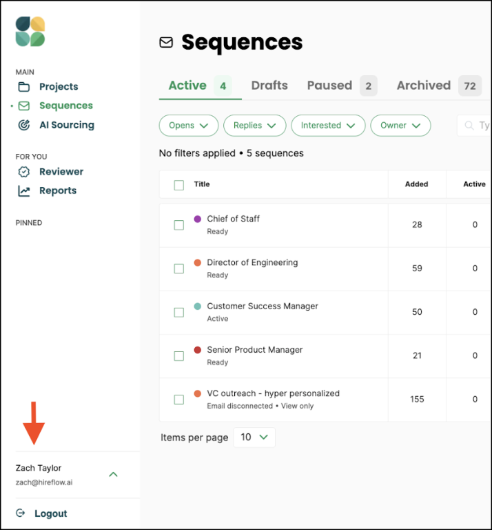 Arrow pointing to user name in lower-left corner of Hireflow Sequences page