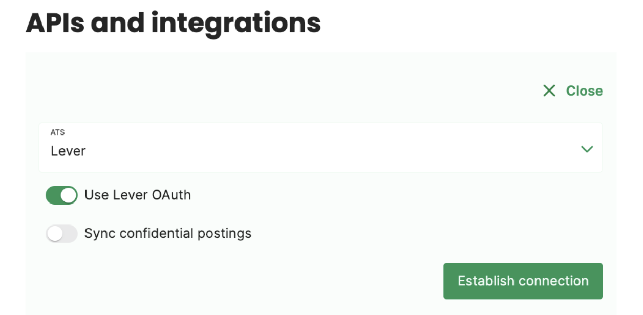 Use Lever Oauth toggle in on position under APIs and Integrations heading