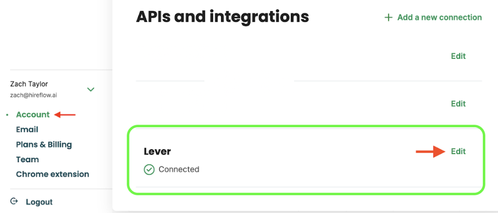 Arrow pointing to Edit link on Lever listing on APIs and Integrations page in Hireflow
