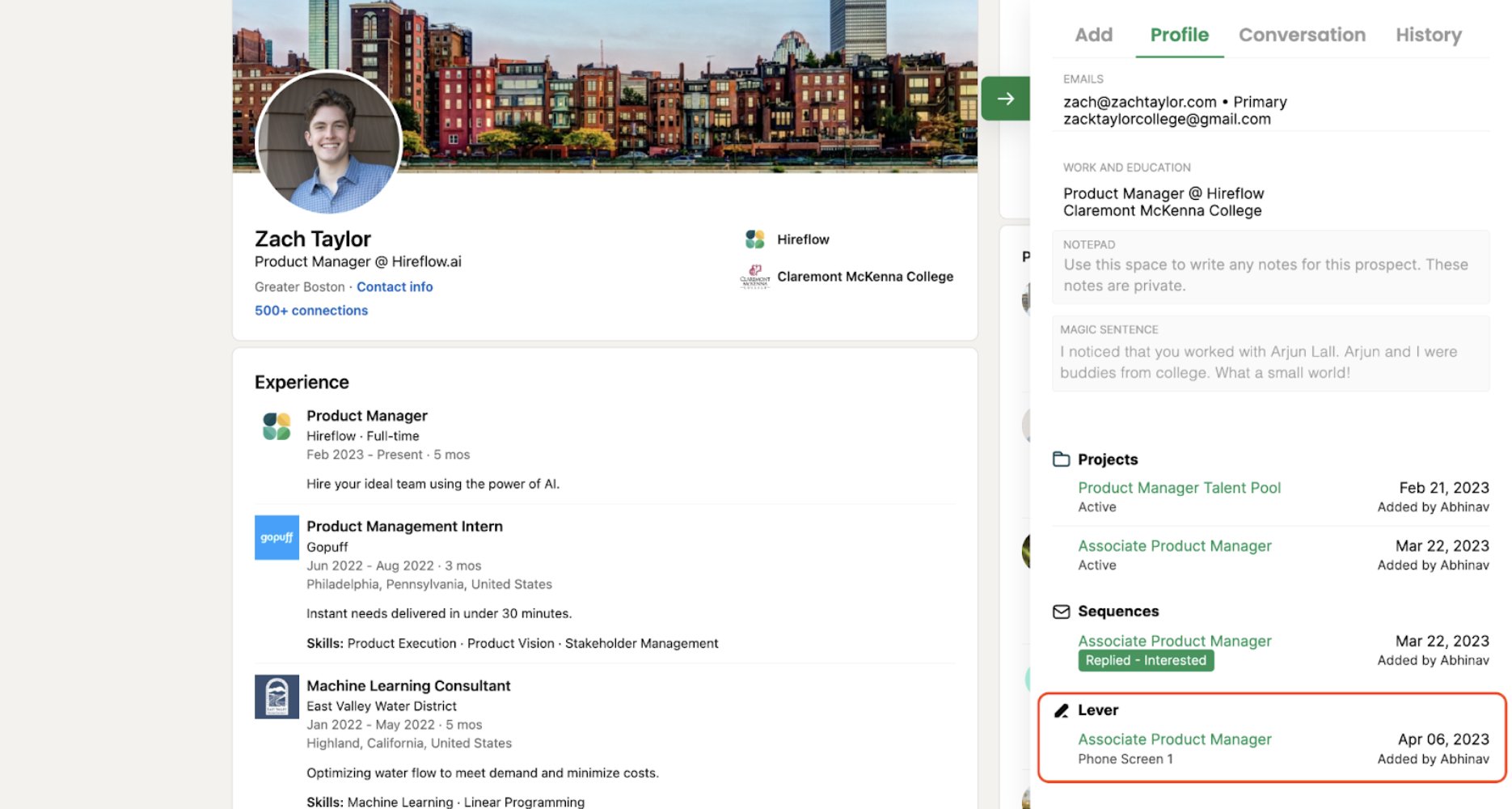 Individual's LinkedIn page with Hireflow Chrome extension expanded; associated Lever job posting outlined