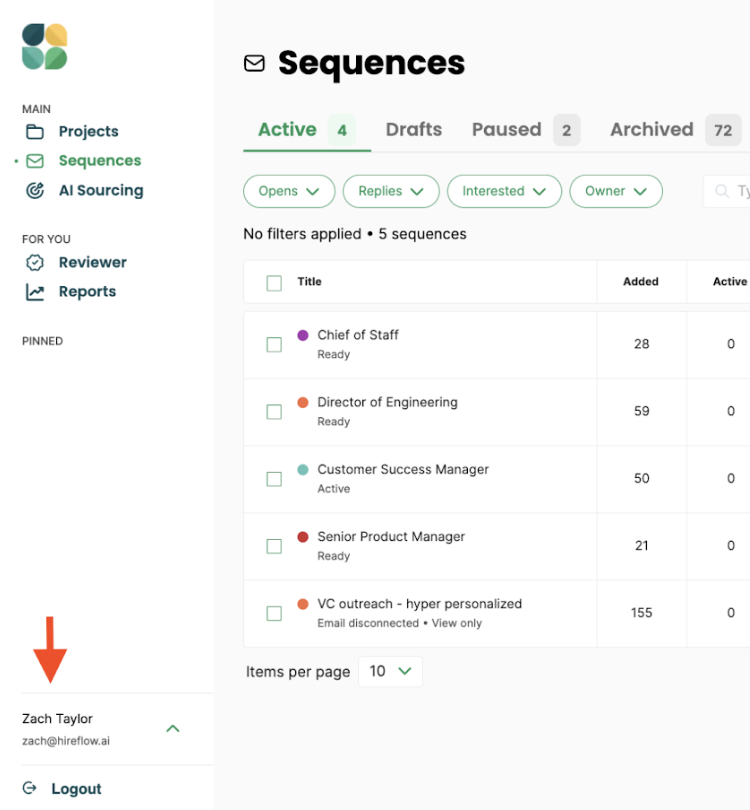 Arrow pointing to user name in lower-left corner of Hireflow Sequences page