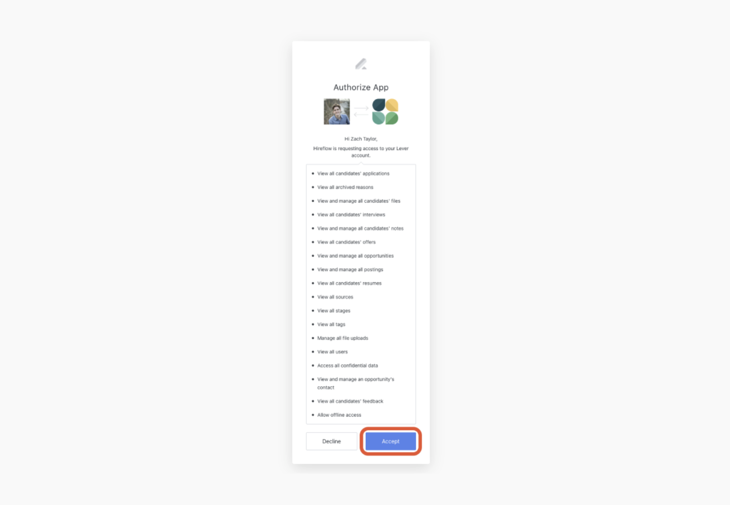 App authorization modal with listed permissions