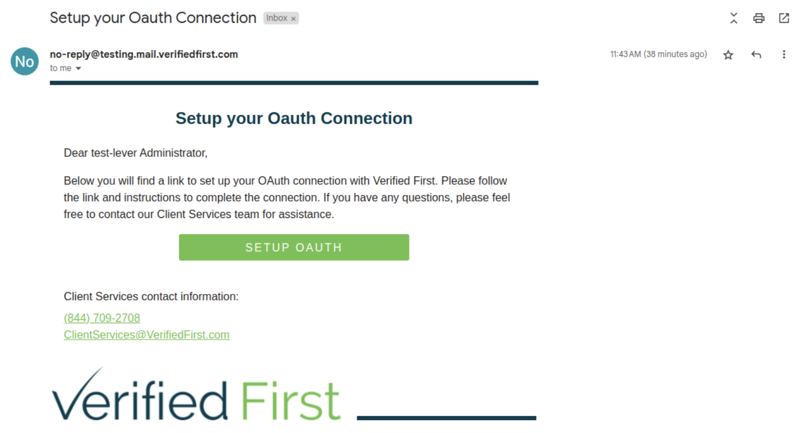Set up your Oauth connection email from Verified First