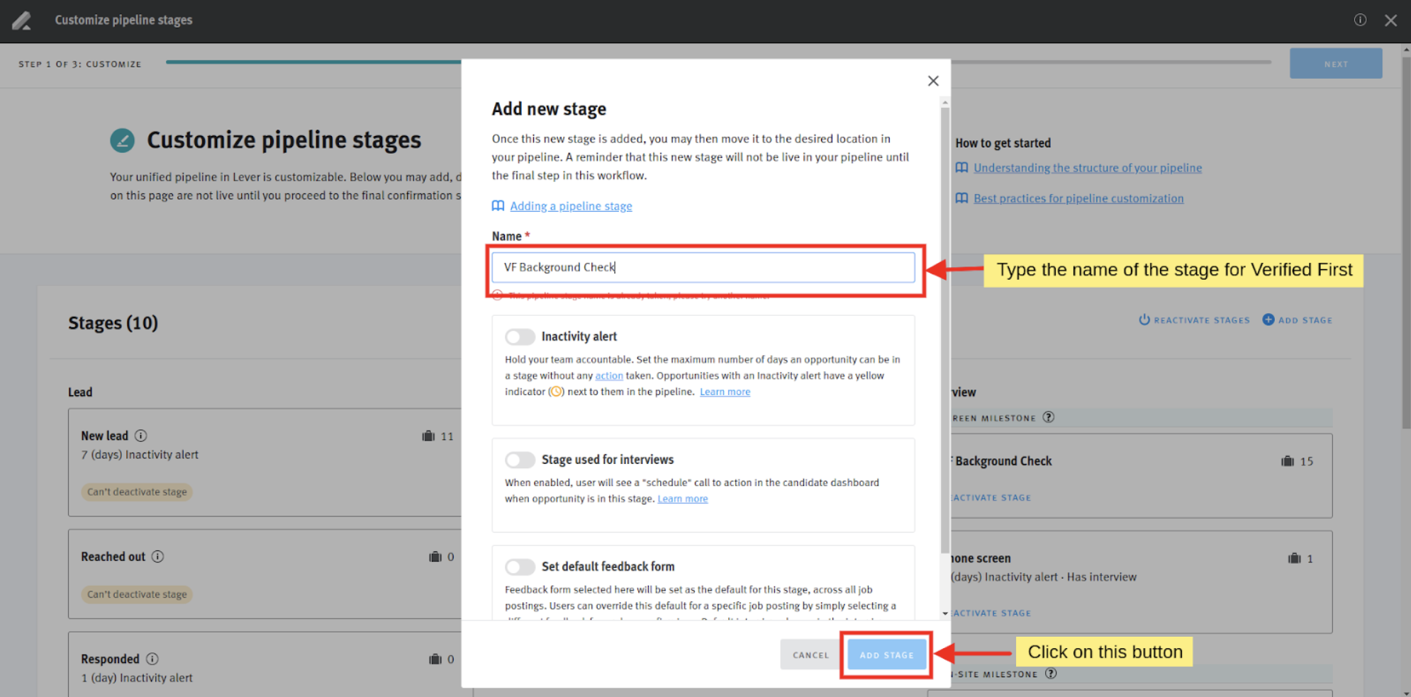Add new stage modal in pipeline stage customization interface; arrows point to name field and Add Stage button