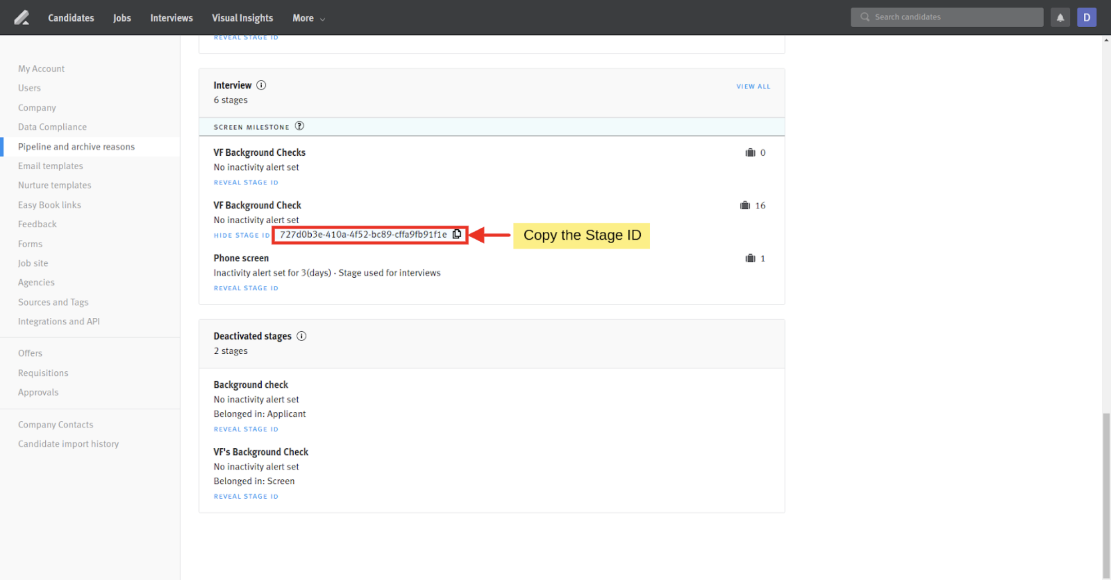Newly added stage on Pipeline and archive reasons page with arrow pointing to revealed stage ID