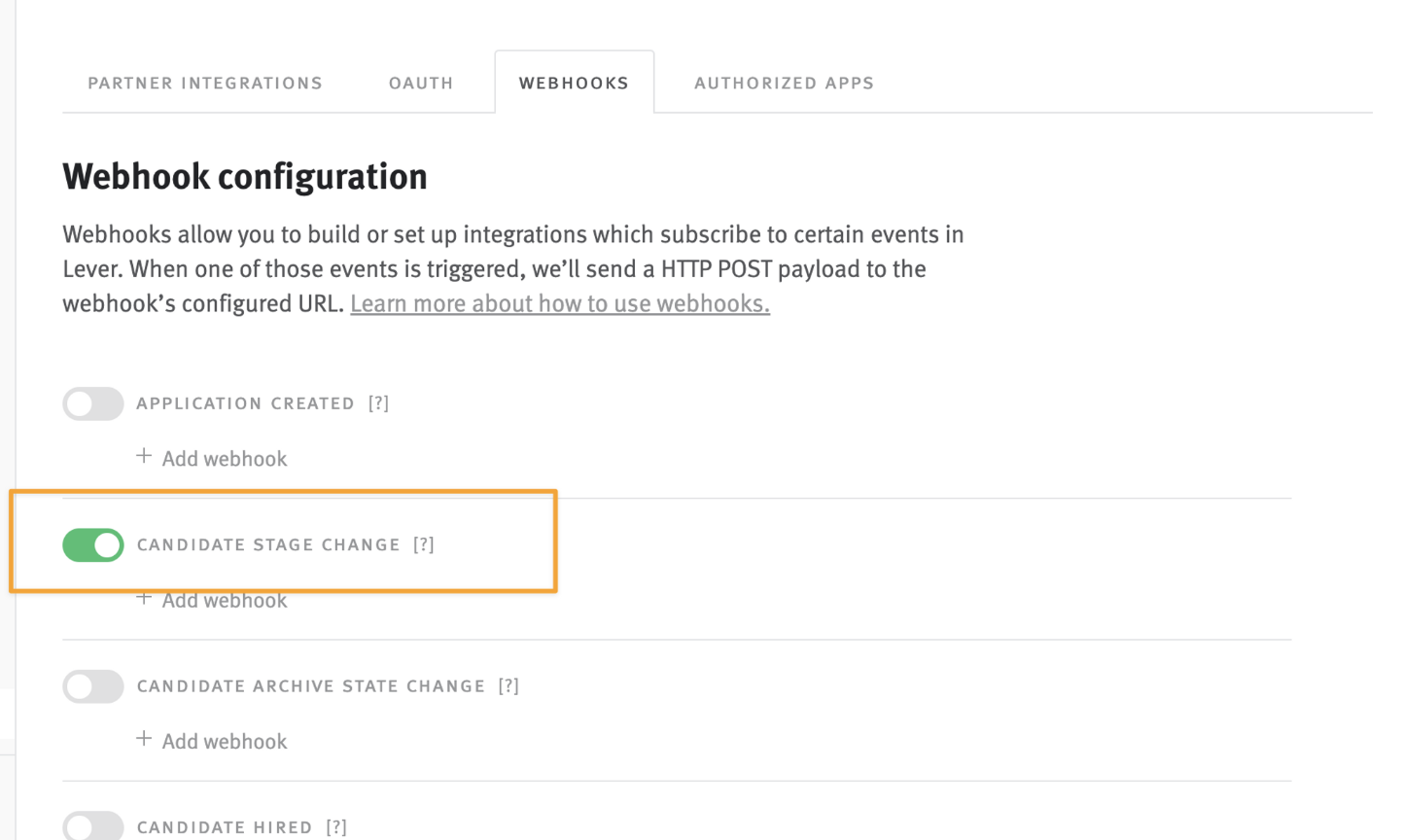 Webhook configuration page in Lever settings with Candidate Stage Change toggle outlined