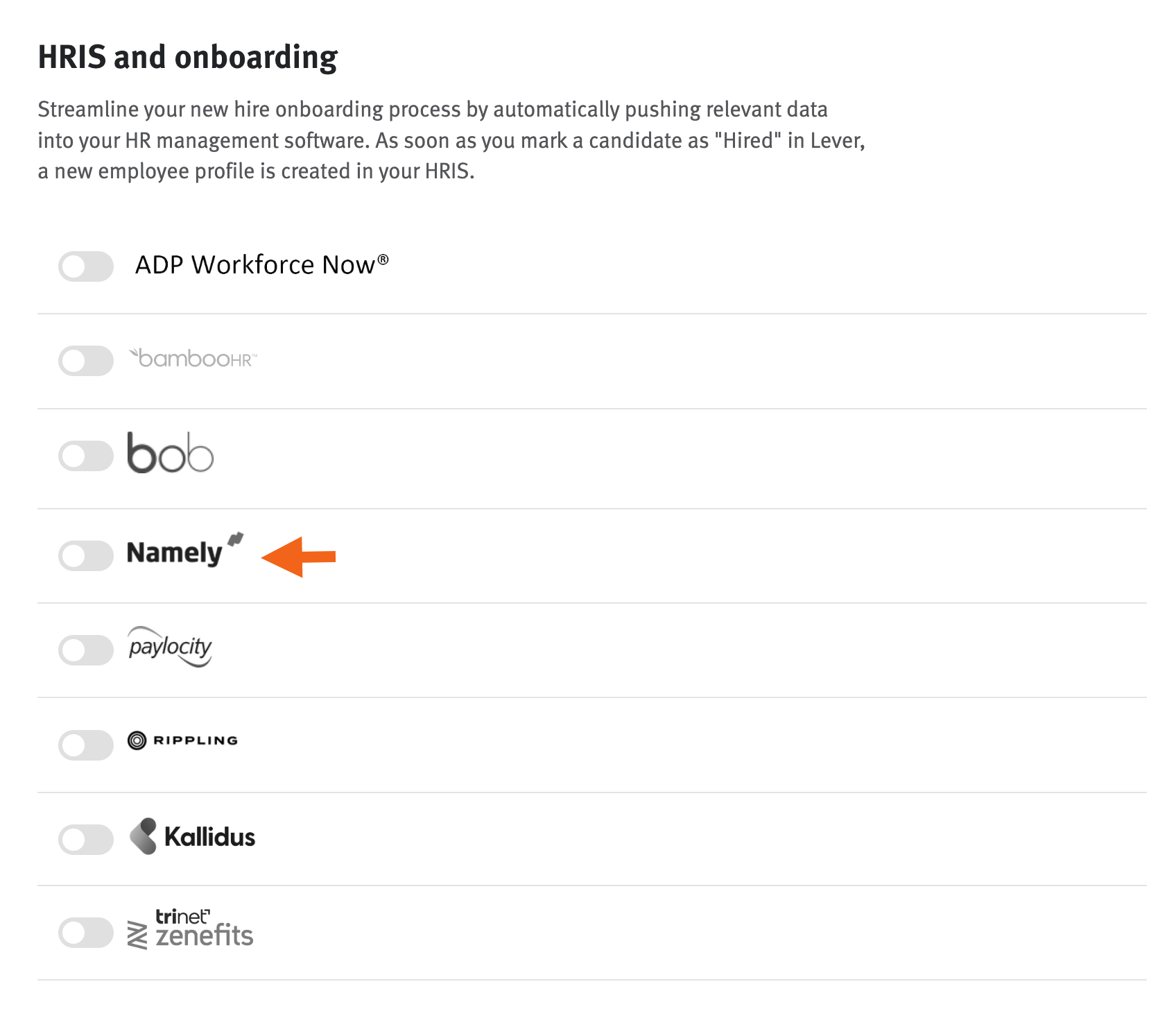 Lever settings integrations page with arrow pointing to namely in integrations list