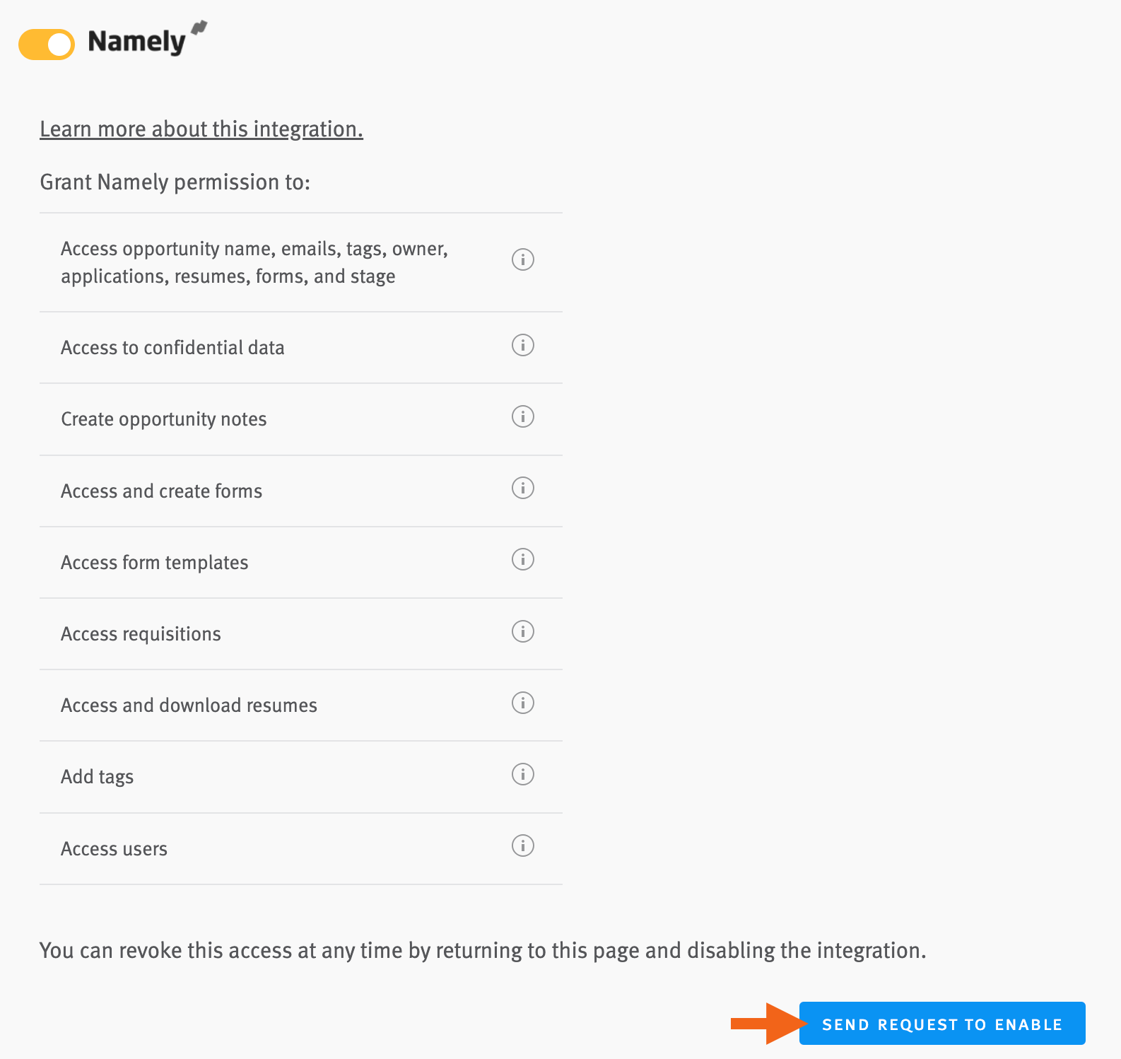 Lever settings namely section with send request to enable button outlined