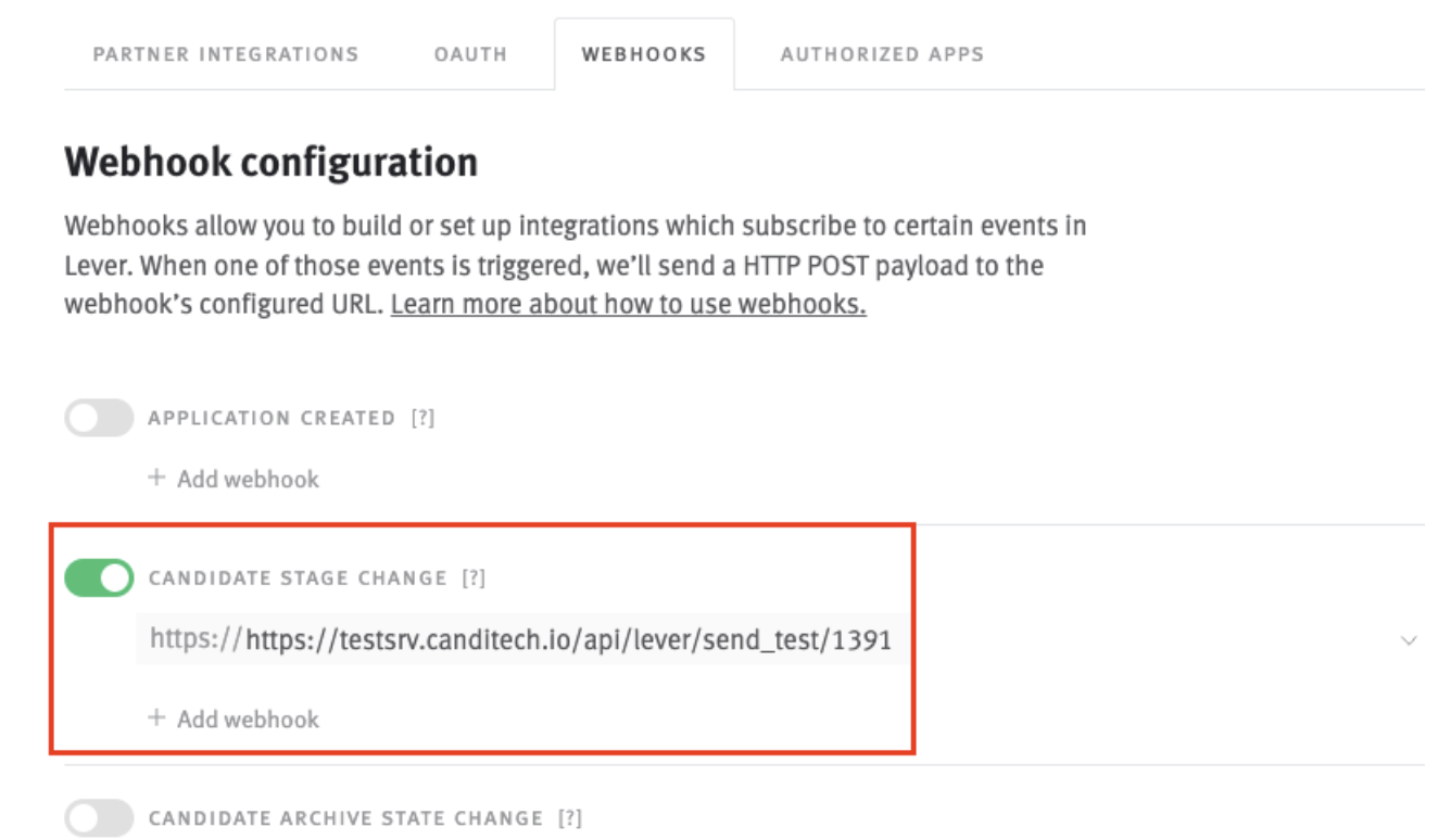 Webhook configuration page in Lever settings wiht Candidate Stage Change toggle outlined