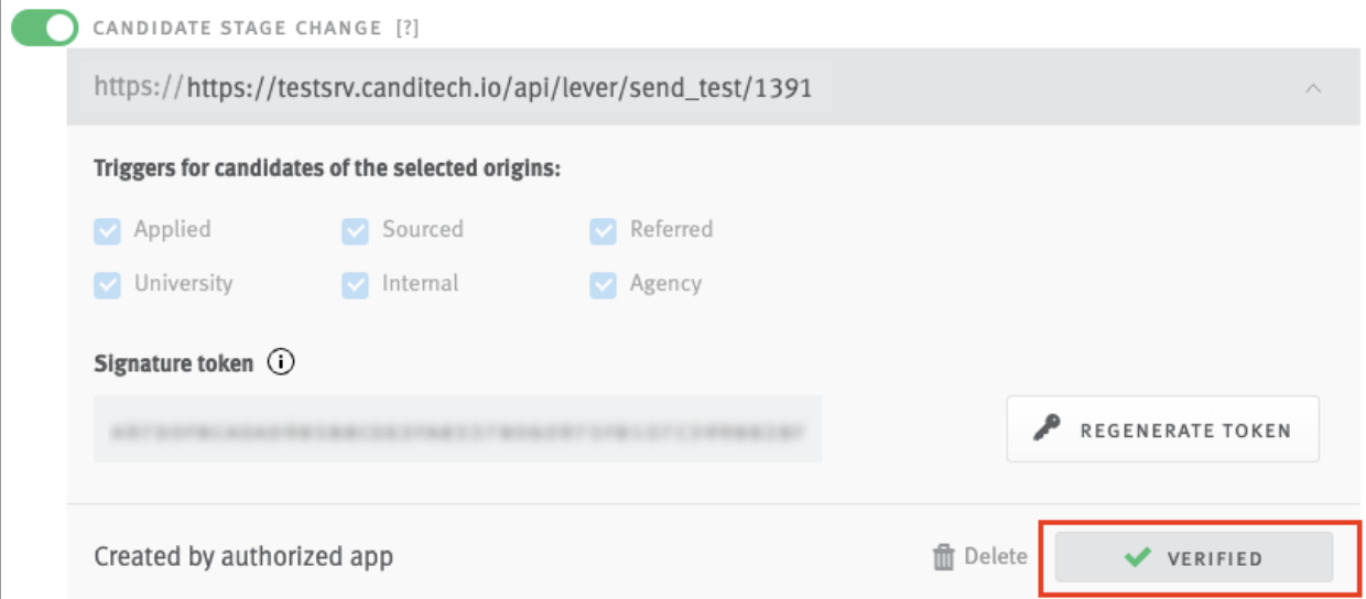Verify connection button outlined on Candidates Stage Change webhook configuration tile; button reads 'Verified'