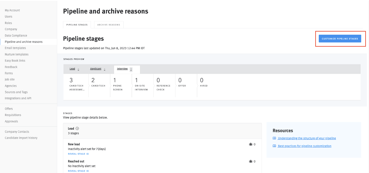 Pipeline and archive reasons page in Lever Settings; customize pipeline stages button outlined