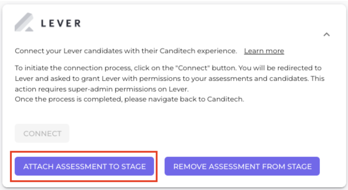 Lever integration modal in Canditech; attach assessment stage button outlined