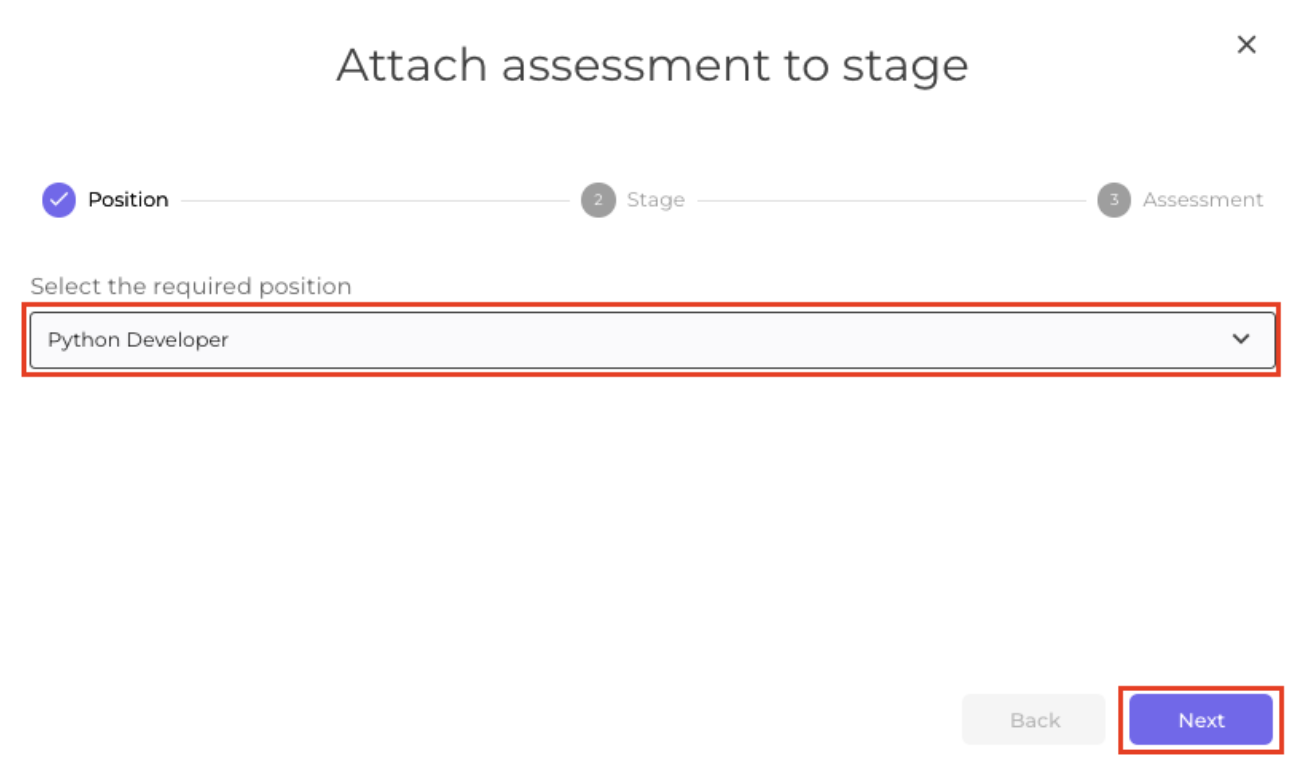 Position menu outlined in Attach assessment stage modal