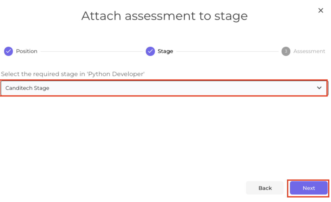 Stage menu outlined in Attach assessment stage modal; Canditech stage selected