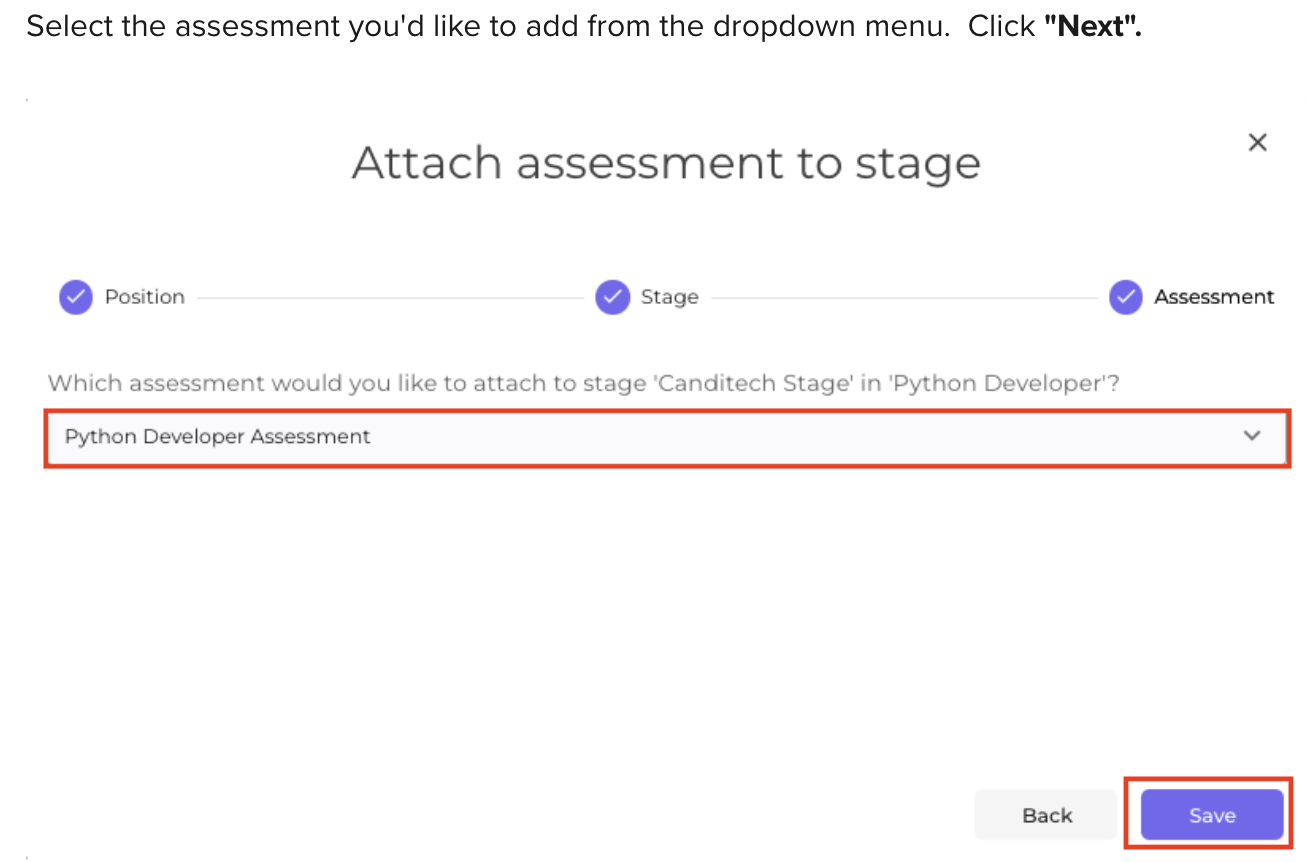 Assessment menu outlined in Attach assessment stage modal