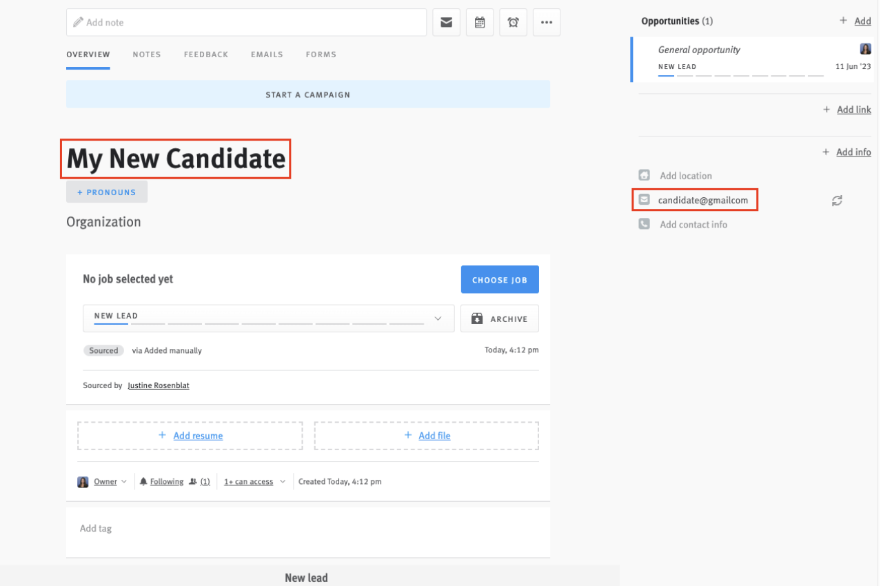 Candidate opportunity profile in Lever; name and email fields outlined