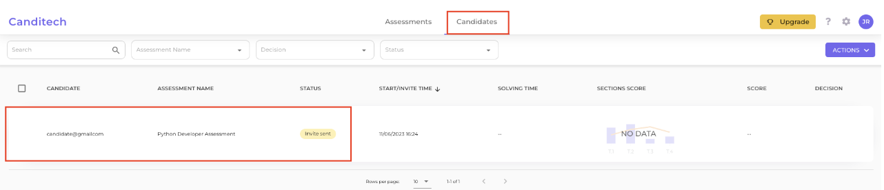 Assessment invite outlined on Candidates page in Canditech
