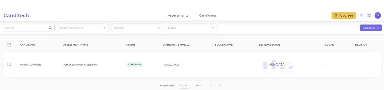 Assessment listed with completed status on Candidates page in Canditech