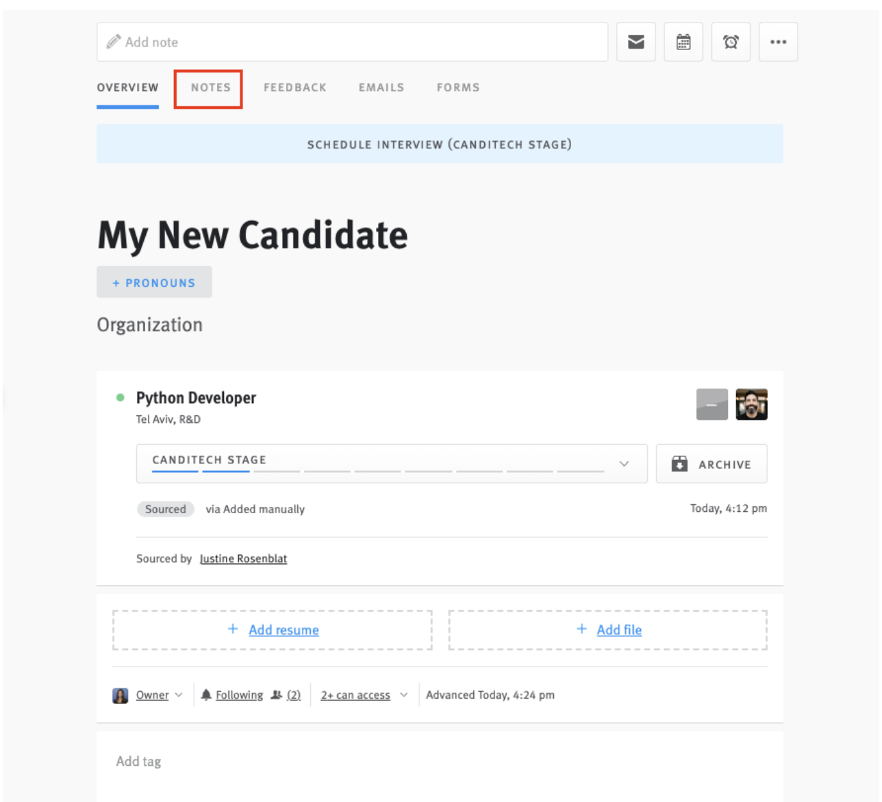 Notes tab outlined on candidate profile in Lever