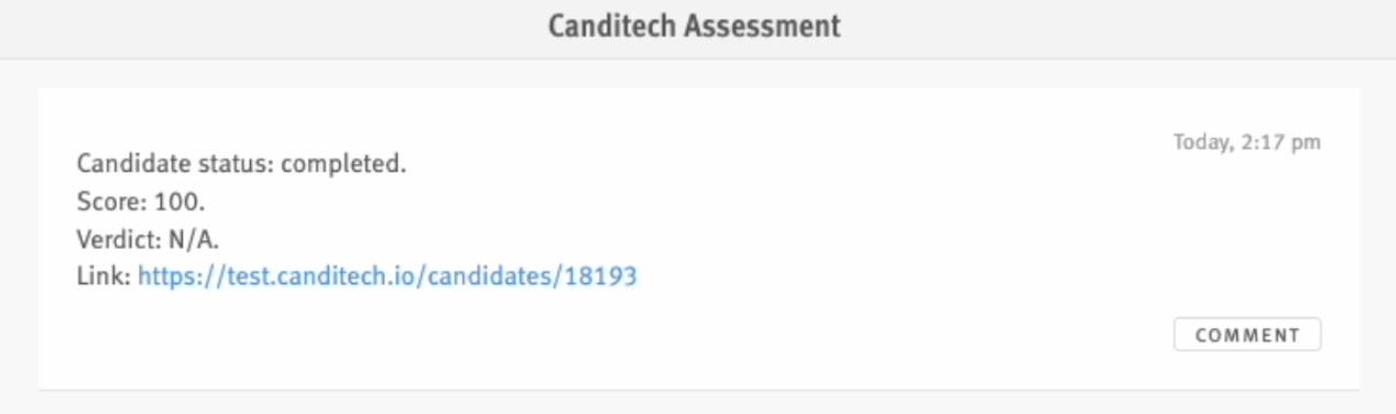 Canditech assessment note on candidate profile; verdict reads n/a