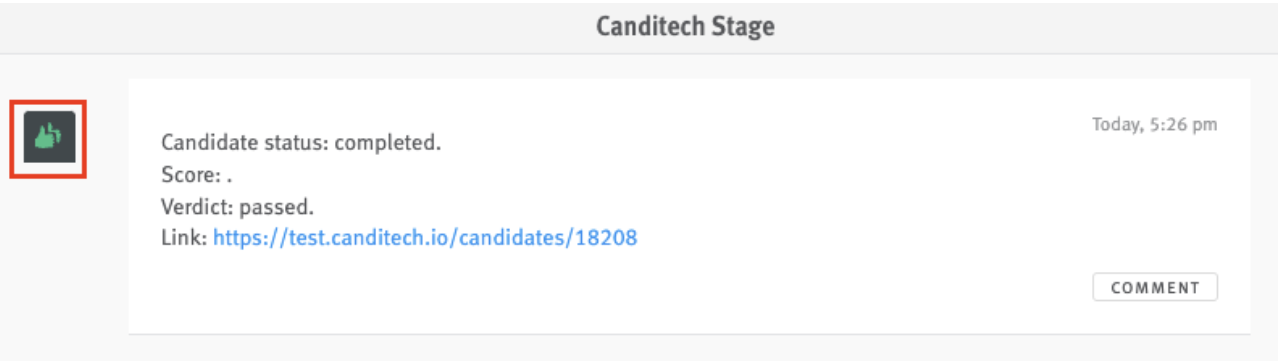 Canditech assessment note on candidate profile; verdit reads passed