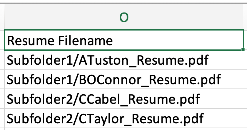 Close up of Resume filename column in bulk candidate import spreadsheet with subfolder preceding resume filename in cells