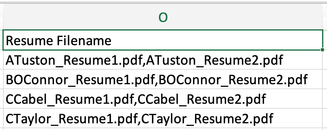 Close up of Resume filename column in bulk candidate import spreadsheet with multiple resumes for each candidate.