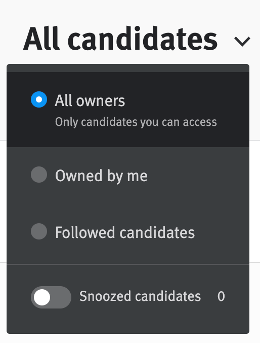 Filter menu extending from All candidates above opportunity list; line under All owners option reads 'Only candidates you can access'