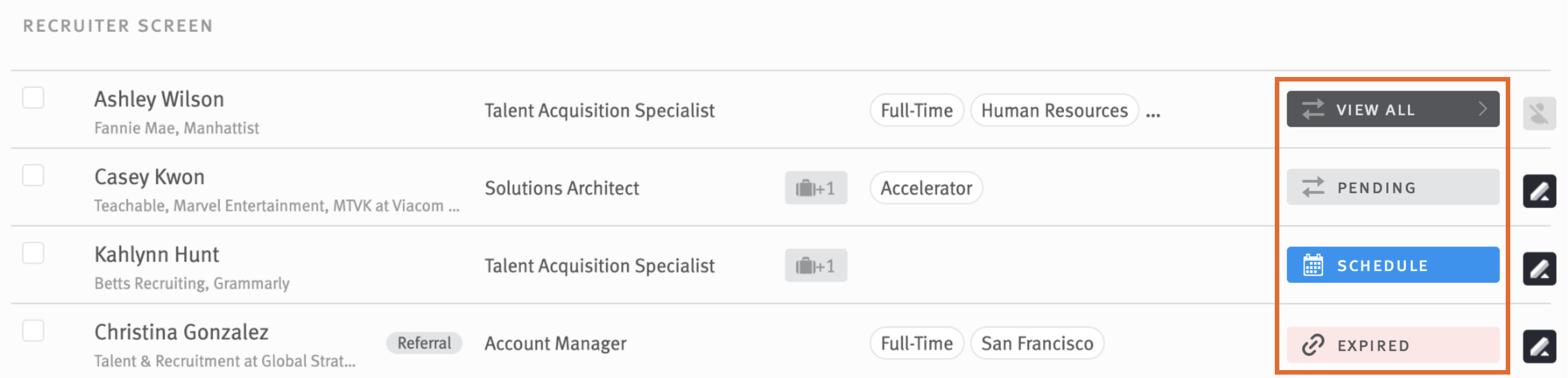 Call to action buttons outlined next to opportunities in candidate list