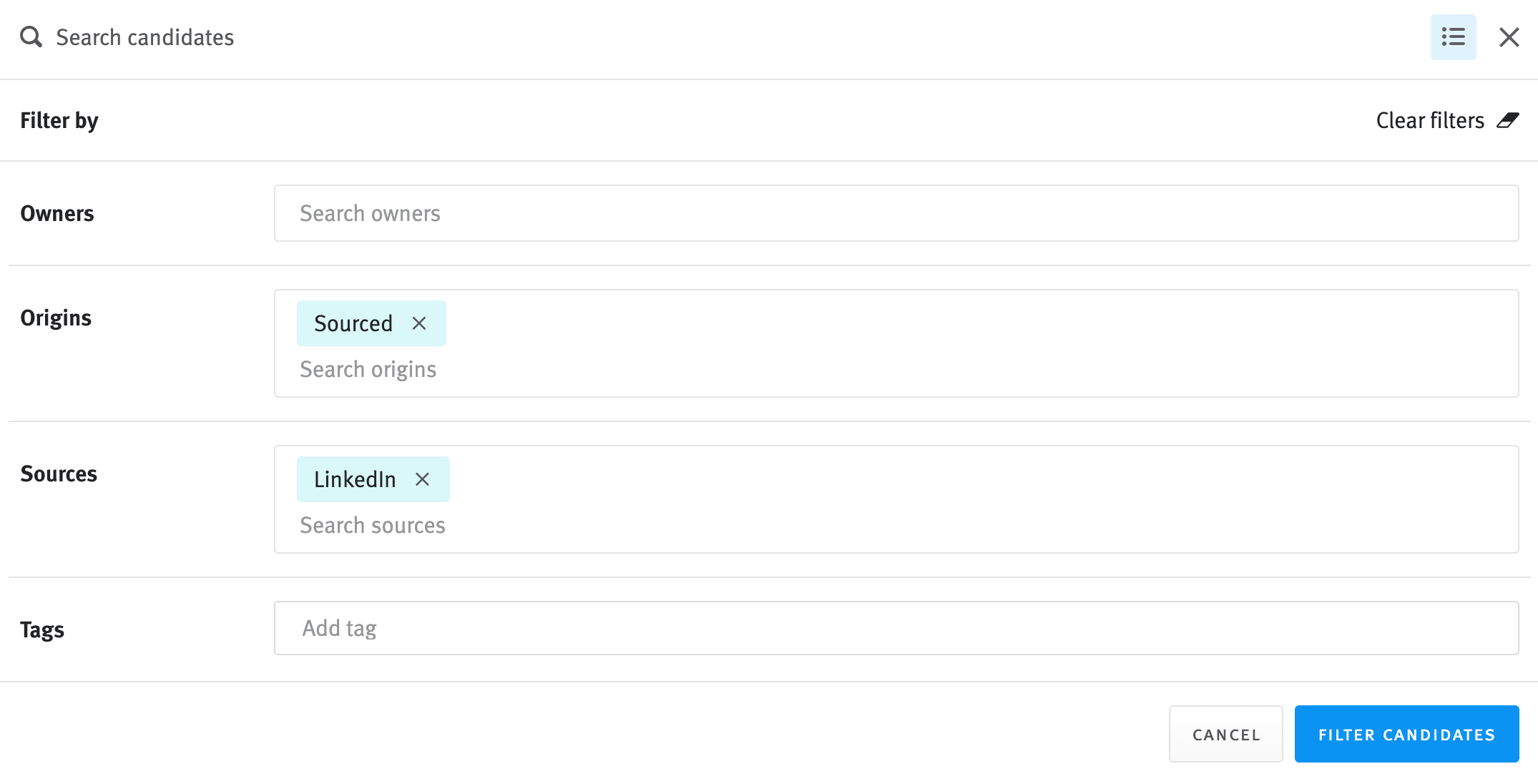 Advanced filters modal with 'Sourced' in origin filter field and 'LinkedIn' in source filter field.