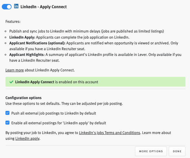 LinkedIn Apply Connect integration tile in Lever with both configuration option checkboxes selected.