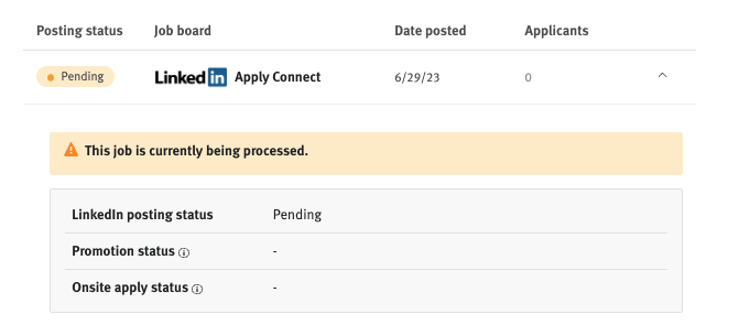 Lever linkedIn settings with yellow warning banner saying This job is currently being processed.