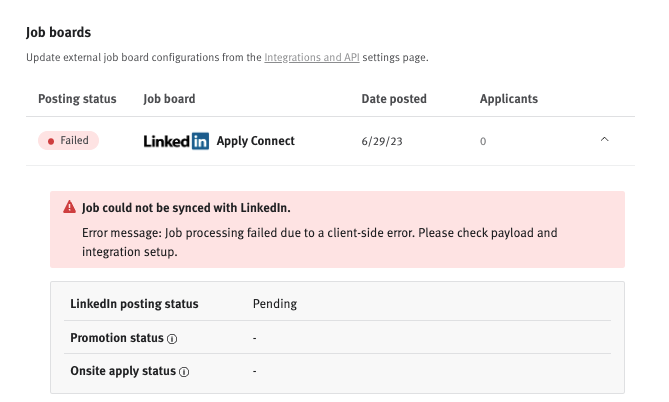 Lever linkedIn settings with red warning banner saying Job could not be synced with LinkedIn.