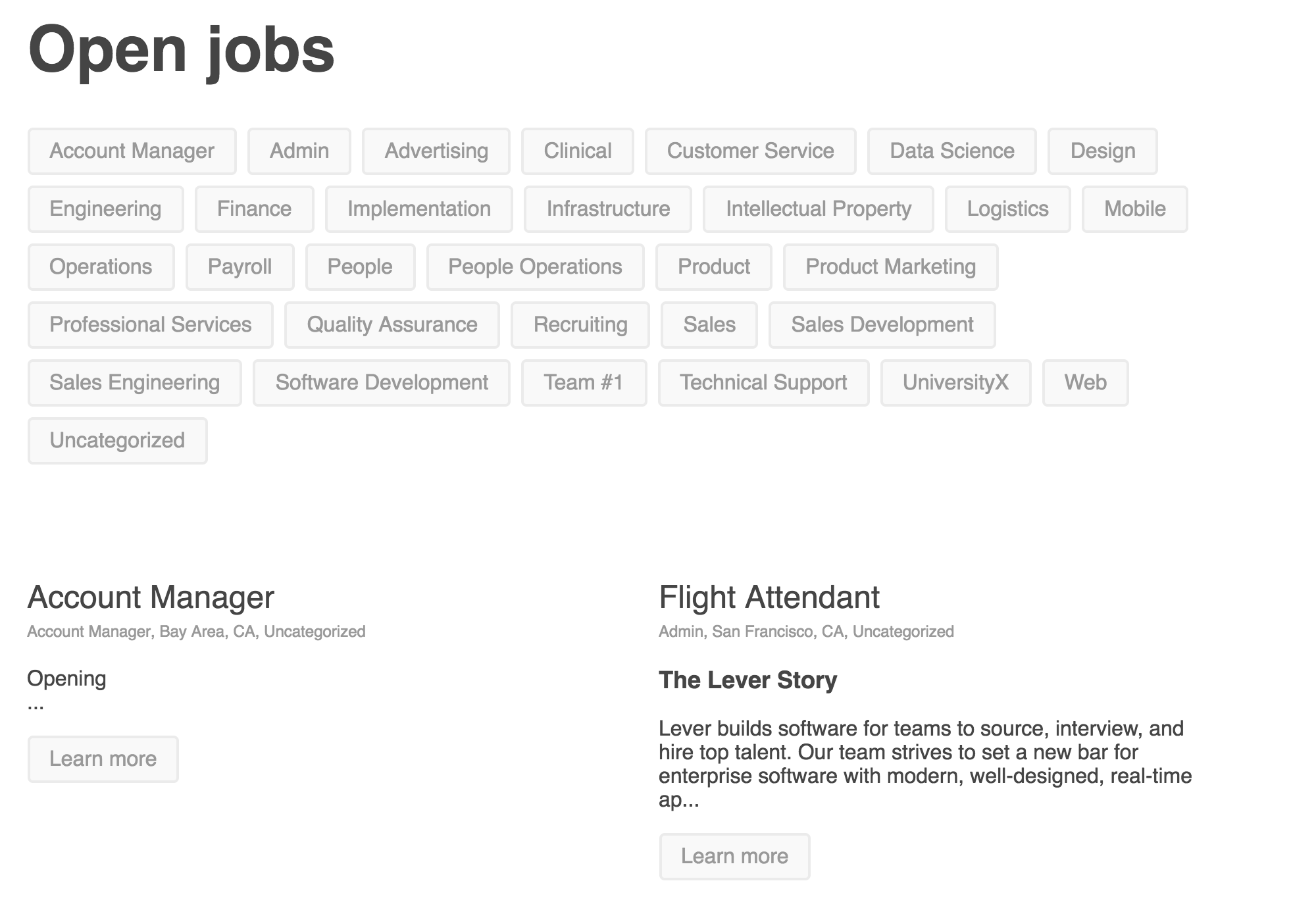 Example of career site with two column layout and team filter