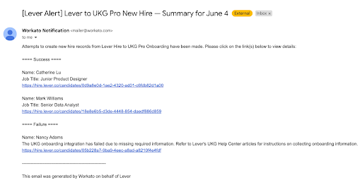 An email notification summarizing candidates profiles in Lever that had information successfully passed to UKG, as well as one profile that failed to have its information passed.