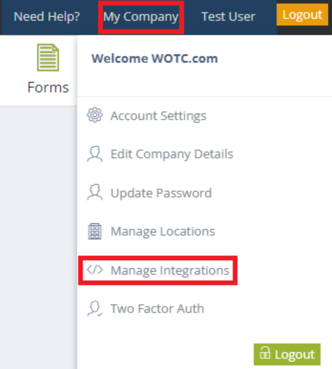 Menu extending from My Company in nav bar, Manage Integrations option outlined