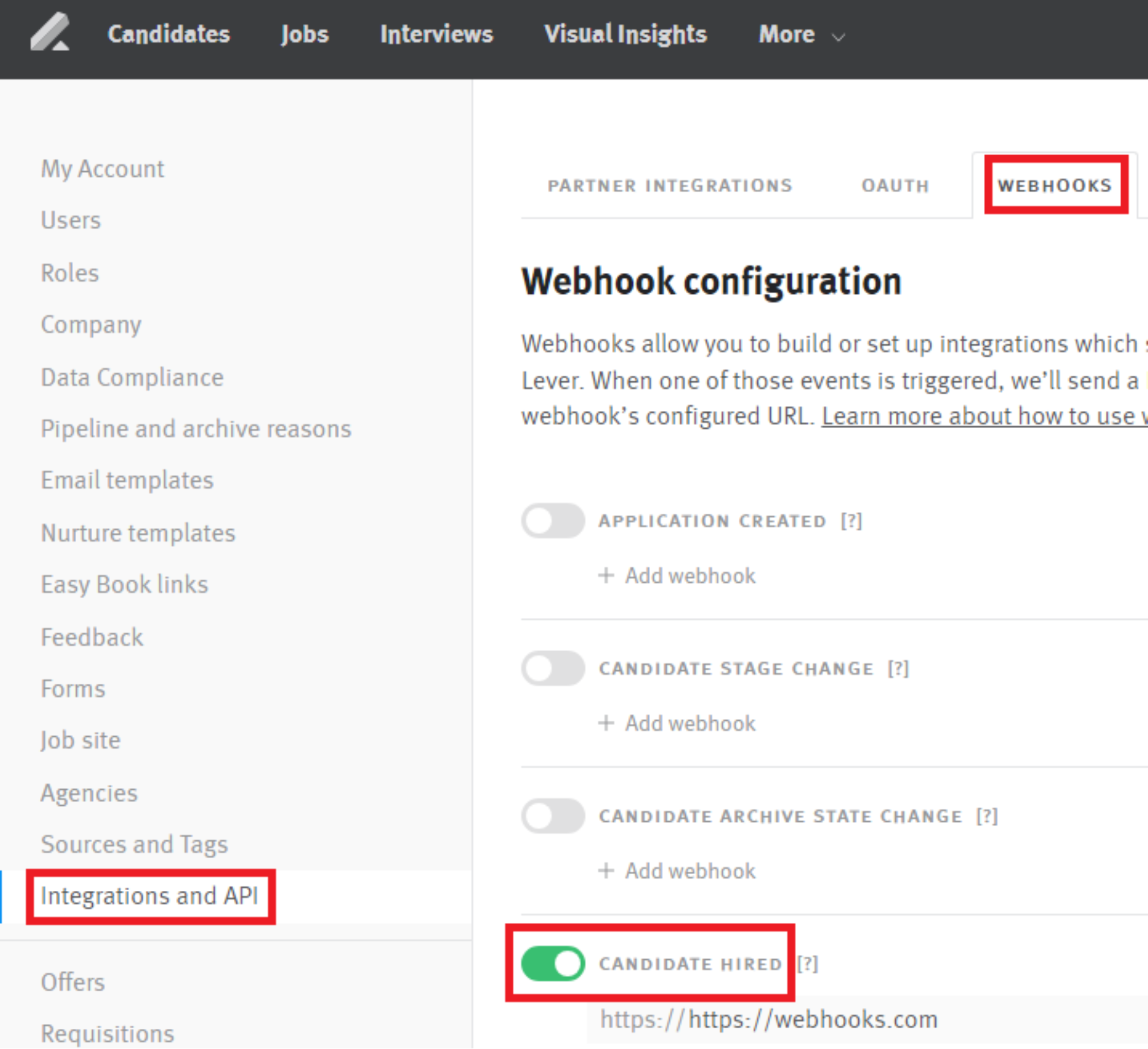 Webhooks page in Lever settings, Candidate Hired toggle outlined