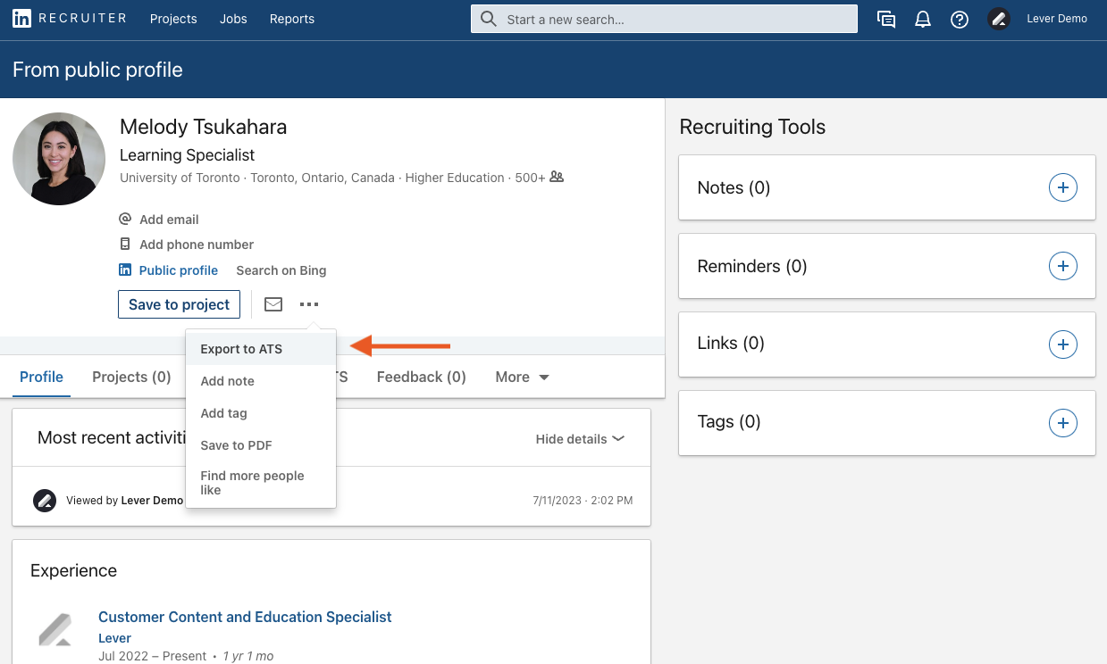 Linkedin RSC showing candidate profile and arrow pointing to Export to ATS option in dropdown menu.