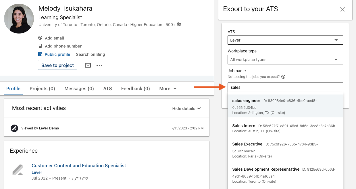Linkedin RSC showing candidate profile and arrow pointing Job name dropdown menu.