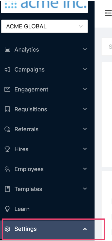 Settings option outlined in EmployeeReferrals navigation menu