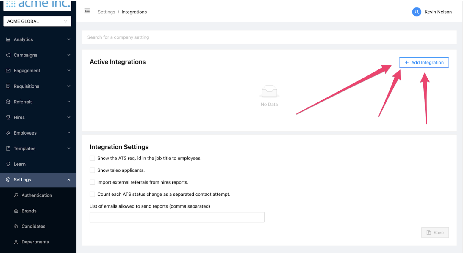 Arrows pointing to Add Integration button on integration settings page