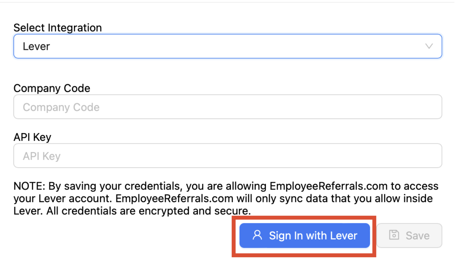 Integration selection form with Sign in with Lever button outlined