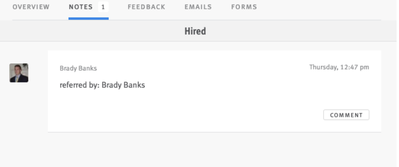 Note on candidate profile in Lever reads 'referred by: Brady Banks'