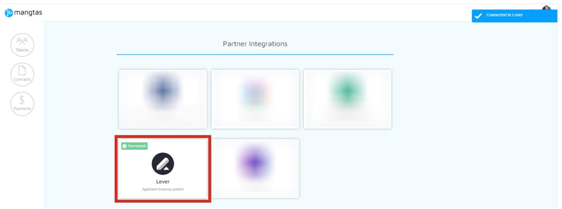 Lever listing outlined on Partner Integrations page in Mangtas; listing has Connected sticker in upper left corner