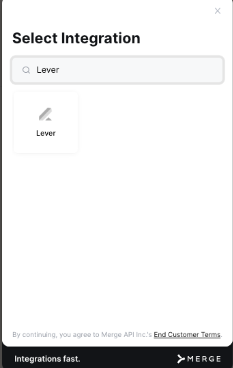 Lever typed in integration search field