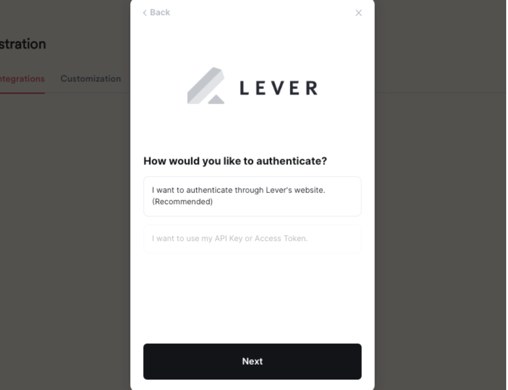 Authentication selection menu on Lever authorization modal