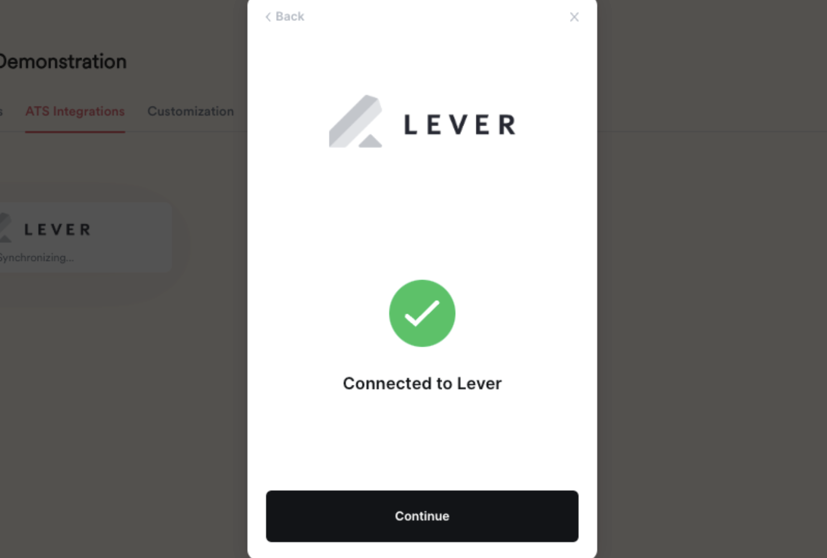 Authorization modal reads 'Connected to Lever'